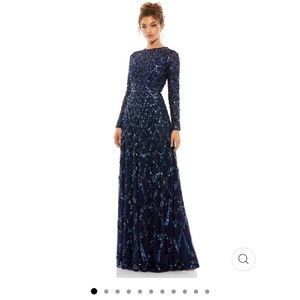 EMBELLISHED ILLUSION HIGH NECK LONG SLEEVE A LINE GOWN